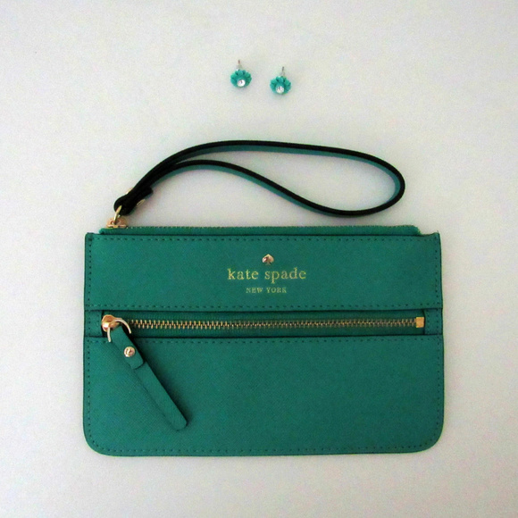 kate spade Handbags - NWOT kate spade Teal Wristlet with Floral Earrings